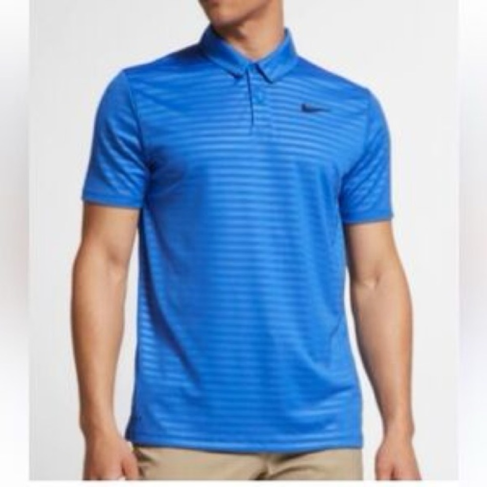 EUC Mens Nike Dri-Fit Performance Royal Blue Striped/Black Swoosh Polo Shirt XXL